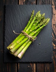 Fresh bunch of green asparagus tied with twine on a black slate board