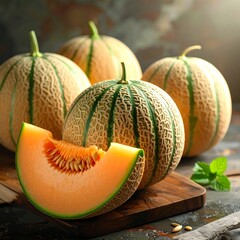 Fresh cantaloupes on a wooden board