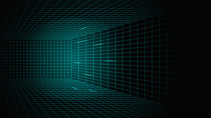 Cyberpunk Grid Room Glowing Line Background. 3D Game Neon Wireframe Space Digital Vector Texture Perspective Tunnel. Retro Futuristic Virtual Techno Landscape. Cyberspace Abstract Matrix VR Wallpaper