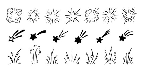 Pen Comic Boom Explosion Vector Set. Chalk Scribble Crayon Graffiti Sturburst Cartoon Splash Firework Shapes Collection. Hand Drawn Star Meteor Marker Squiggles. Pencil Motion Sparks Charcoal Doodles