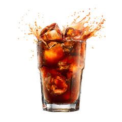 Chilled Cola with Ice Cubes and Splash Motion, Refreshing Drink, isolated on transparent background