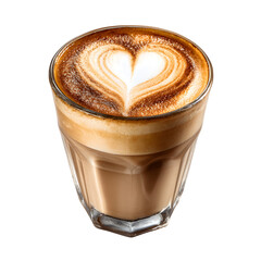 Creamy Latte with Heart-Shaped Foam Art in Glass Cup, Cozy Morning Mood, isolated on transparent background