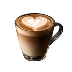 Creamy Latte with Heart-Shaped Foam Art in Glass Cup, Cozy Morning Mood, isolated on transparent background