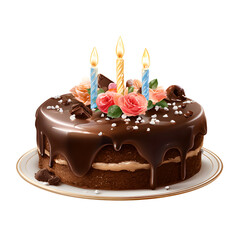 Frosted Chocolate Birthday Cake with Lit Candles, Celebration Symbol, isolated on transparent background