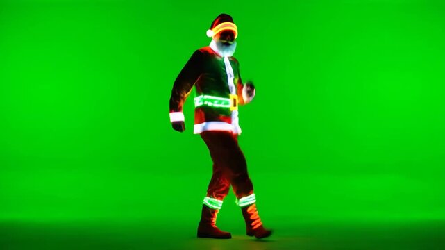 Neon Santa Claus Dancing on Green Screen - A neon-lit Santa Claus figure dances joyfully against a vibrant green chroma key background.
