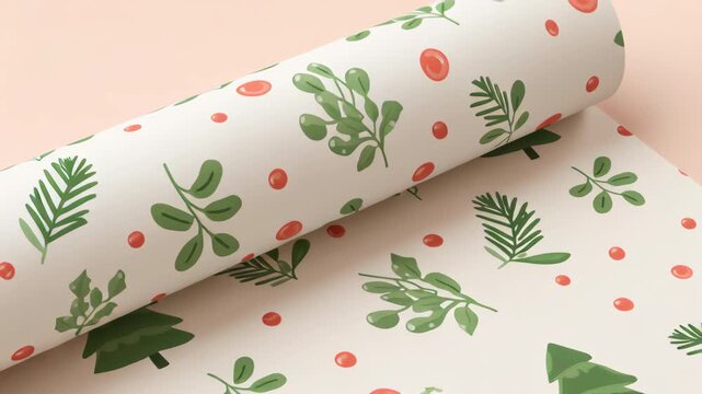 Whimsical christmas setup festive wrapping paper with green foliage sprigs red berries stylized tree pattern wrapping paper roll with holly sprigs