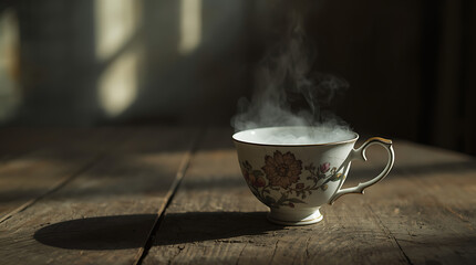 A cracked, antique ceramic teacup overflowing with a colorless, misty fog instead of tea, resting on a bare, wooden table in a dimly lit room.
