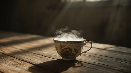 A cracked, antique ceramic teacup overflowing with a colorless, misty fog instead of tea, resting on a bare, wooden table in a dimly lit room.

