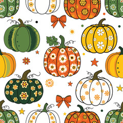 Seamless Pumpkin Pattern – Decorative Autumn Design with Floral and Festive Element