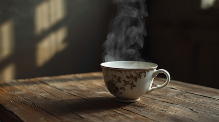 A cracked, antique ceramic teacup overflowing with a colorless, misty fog instead of tea, resting on a bare, wooden table in a dimly lit room.
