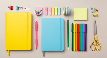 Overhead shot of a beige surface with an organized arrangement of colorful stationery items, including notebooks, pens, sticky notes, and scissors, creating a vibrant and productive workspace aestheti