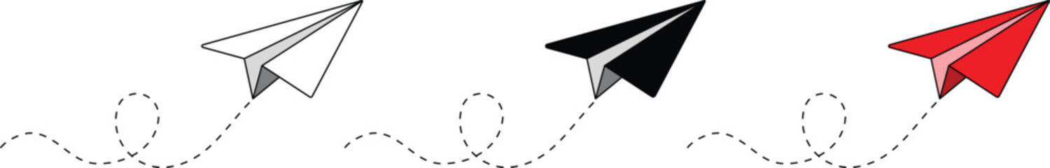 Paper plane with dotted line travel and route symbol icons set. Abstract doodle email, mail plane, travel dream concept air. Business trip abstract illustration. Direction choice concept design.