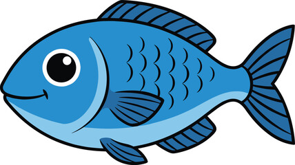 Cartoon blue fish illustration, cute aquatic animal with striped fins and scales, vector sea creature drawing, white background, children’s content