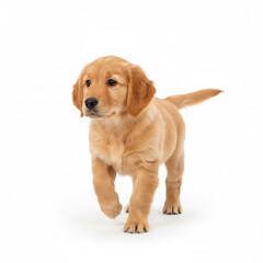 AI-Generated charming golden retriever puppy struts confidently forward, with an air of playful curiosity and innocent eagerness. isolated on a white background.
