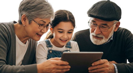 Photo of grandparents and granddaughter looking at a tablet, isolated on transparent background