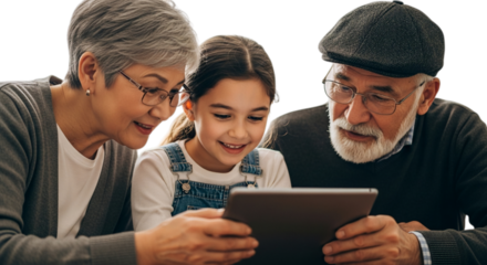 Photo of grandparents and granddaughter looking at a tablet, isolated on transparent background