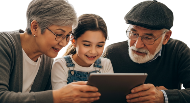 Photo of grandparents and granddaughter looking at a tablet, isolated on transparent background