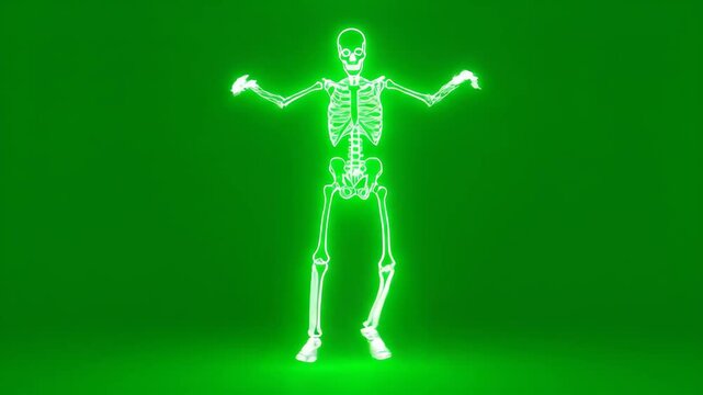 Neon Skeleton Shuffle Dance on Green Background - A glowing neon skeleton is dancing against a vibrant green background.