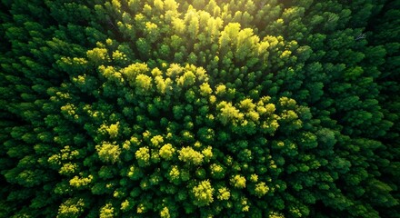 Naklejka premium Aerial View of Lush Green Forest Canopy in Sunlight.