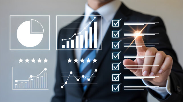 Business Analytics and Performance Evaluation with Digital Graphs Charts Rating Stars and Checklist in Data Driven Management