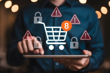 Online Shopping Security Warning with Locked Cart Icon and Alert Signs Showing Risk of Cyber Threats and Data Breach