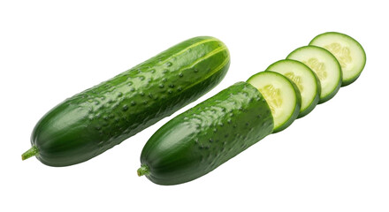 Isolated Cucumbers whole and sliced for salads, healthy snack, or vegetable ingredient