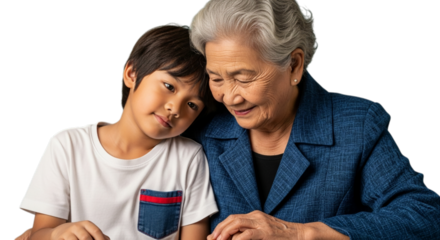 Photo of asian grandmother and grandson together isolated on transparent background
