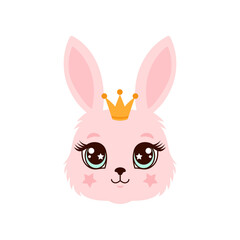 Cute pink bunny princess face illustration with a crown, big  eyes, and starry cheeks.