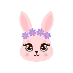 Cute pink bunny face illustration with a purple flowers , big s eyes, and star cheeks. Perfect for spring design, Easter, and apparel.
