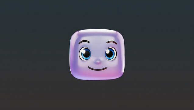 A cute and friendly cartoon character face with big expressive eyes and a happy smile rendered in a smooth rounded translucent purple and pink aesthetic against a dark background - Powered by Adobe