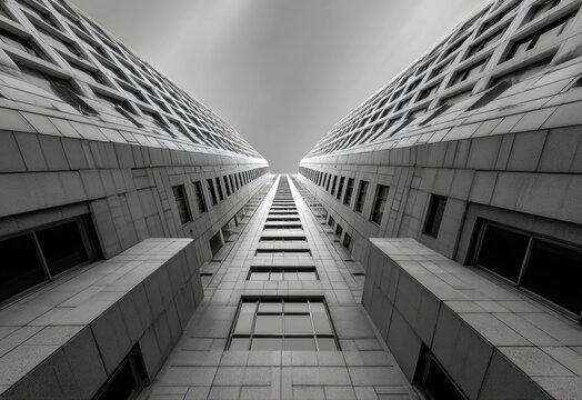 A striking black and white architectural photograph capturing the converging lines of two modern skyscrapers from a low-angle perspective.
