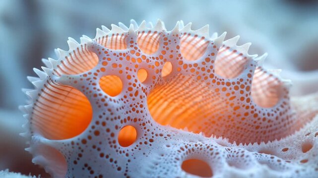 Close up of a sea sponge with intricate patterns and orange glow.