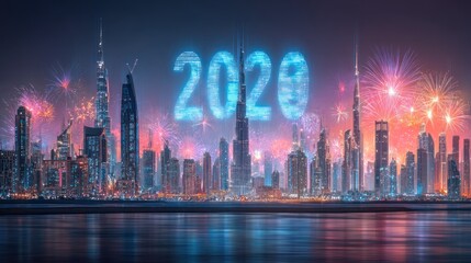 Fototapeta premium Celebratory New Year Fireworks Display Over Modern City Skyline with Illuminated 2020