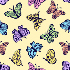 Colorful butterflies seamless pattern. Hand drawn doodle style