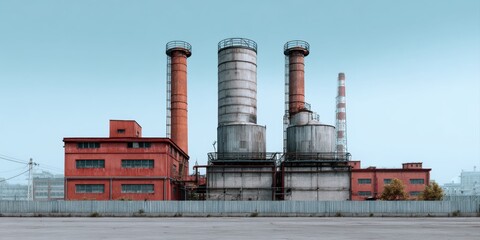 Obraz premium A wide shot featuring an old industrial complex, highlighting red brick buildings, towering chimneys, and silos under a pale blue sky.