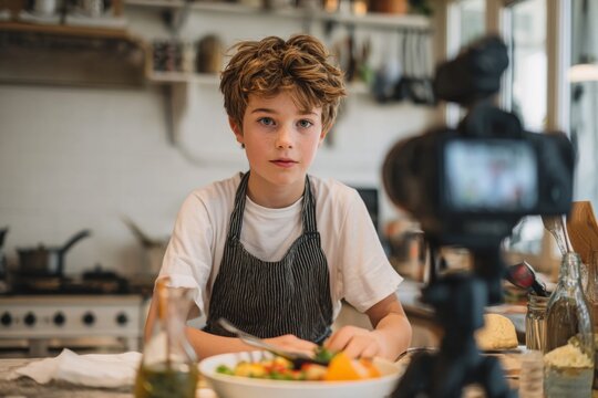 A boy in an apron sits in a well-lit kitchen, focused on preparing a fresh meal and sharing cooking tips on camera