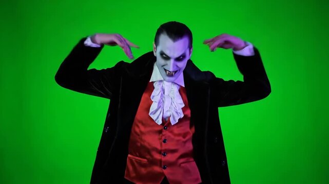Vampire DJ in Green Chroma Key Background - A man in vampire costume is shown against a vibrant green chroma key background. He is smiling with fangs visible.