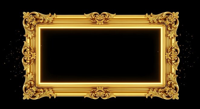 Ornate golden picture frame with glowing neon light border on a black background with sparkling particles - Powered by Adobe