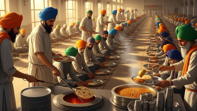 Sikh Community Langar Hall Volunteers Serving Traditional Meal to Devotees, Reflecting Guru Nanak Jayanti and Bhai Dooj Spirit