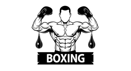 Muscular boxer with boxing gloves and speed bags, isolated on white background