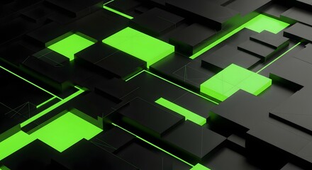 Abstract geometric pattern with glowing green lines and dark black blocks creating a futuristic technological background