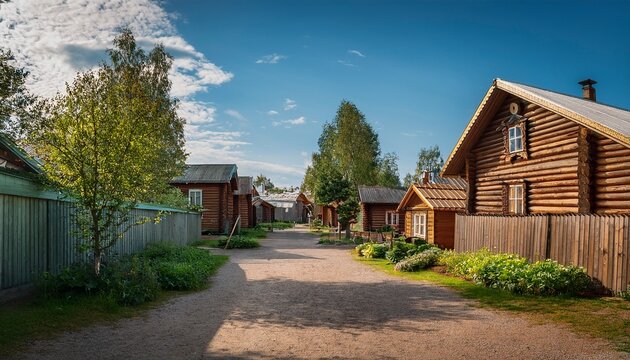 backyard of a street with wooden houses sheds and trees in the town of sortavala in karelia