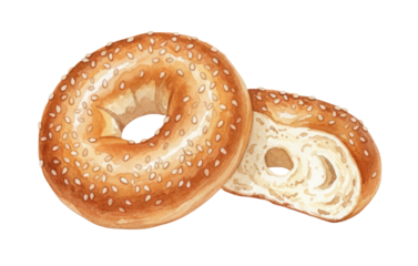 Watercolor Illustration of a Whole and Sliced Sesame Bagel
