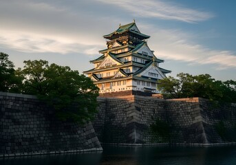 Obraz premium Osaka Castle at Sunset: Historic Fortress with Stone Walls & Moat