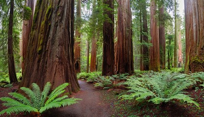 Fototapeta premium panorama of ferns and redwood trunks