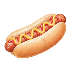 Watercolor Illustration of a Hot Dog with Mustard and Ketchup