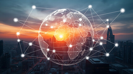 Abstract digital network sphere with bright light and futuristic cityscape background