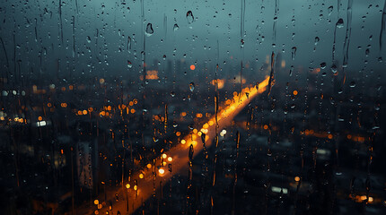 A window pane streaked with heavy rain, obscuring a blurry view of distant, indifferent city lights at night.
