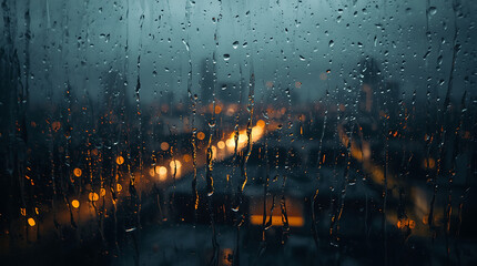A window pane streaked with heavy rain, obscuring a blurry view of distant, indifferent city lights at night.
