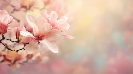 Magnolia flowers are blooming with soft pink petals against a dreamy pastel background, evoking a calm atmosphere typical of early spring in a garden.